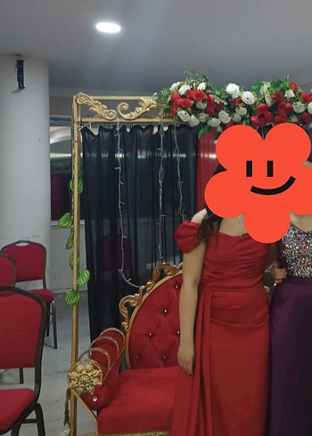 Kırmızı saten Drapeli Uzun Kadın Abiye Elbise - Görsel 3