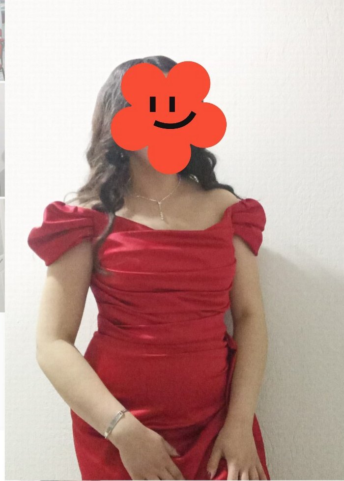 Kırmızı saten Drapeli Uzun Kadın Abiye Elbise - Görsel 2