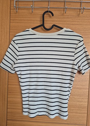 Çizgili Kısa Kollu Pamuklu Kadın Tişört - Görsel 3