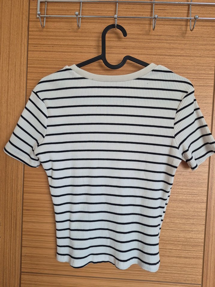 Çizgili Kısa Kollu Pamuklu Kadın Tişört - Görsel 3