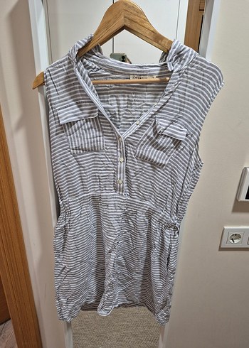 Gri Çizgili Keten  Elbise - Görsel 2