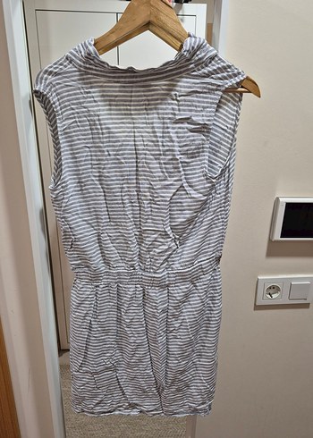 Gri Çizgili Keten  Elbise - Görsel 4