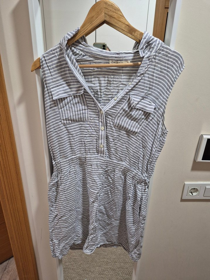 Gri Çizgili Keten  Elbise - Görsel 2