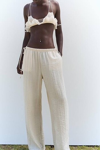 Zara Keten Karışımlı Pantolon Ekru Palazzo