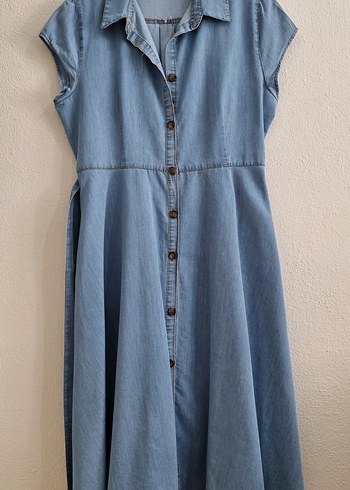 Diğer Kemerli Mavi Denim Midi Elbise