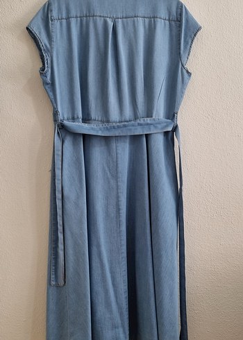 xl Beden Kemerli Mavi Denim Midi Elbise