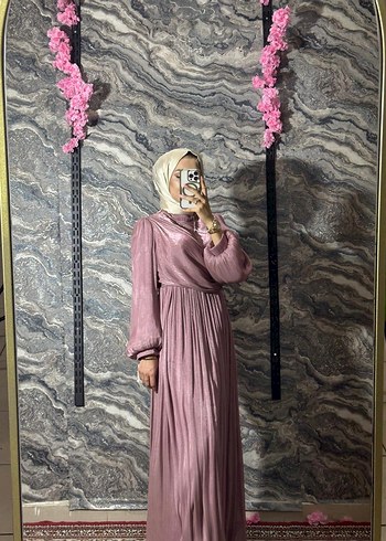 Pembe Salaş Uzun Elbise, Yüksek Yaka, Drapeli