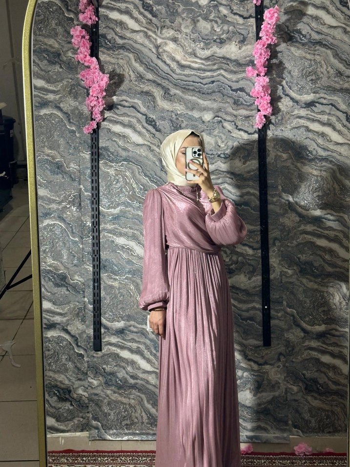 Pembe Salaş Uzun Elbise, Yüksek Yaka, Drapeli - Görsel 2