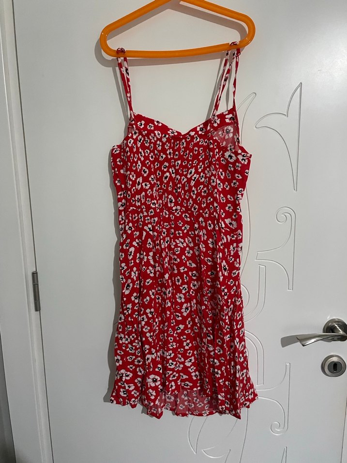 Kırmızı Çiçek Desenli Mini / midi Elbise - Görsel 2