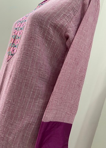 Uzun Kollu Mor Nakışlı Bohem Elbise - Görsel 4