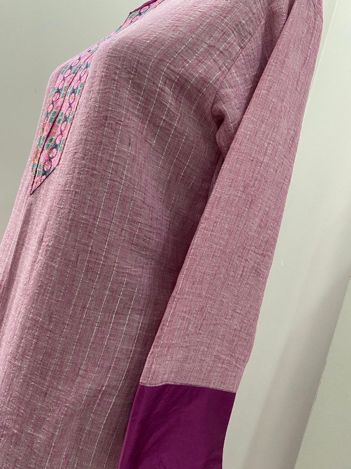 Uzun Kollu Mor Nakışlı Bohem Elbise - Görsel 4