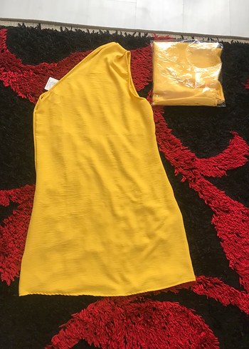 l Beden Sarı, Dökümlü, Tek Omuzlu Mini Elbise