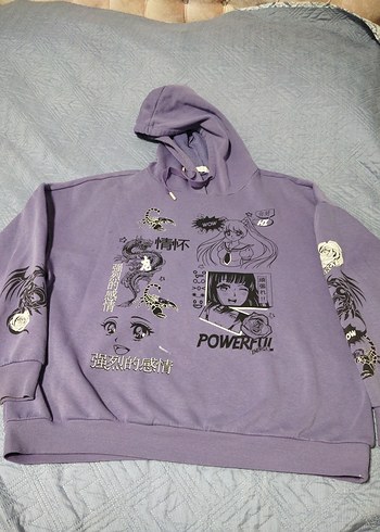 Mor Kapüşonlu Baskılı Oversize Sweatshirt