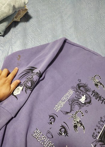 l Beden mor Renk Mor Kapüşonlu Baskılı Oversize Sweatshirt