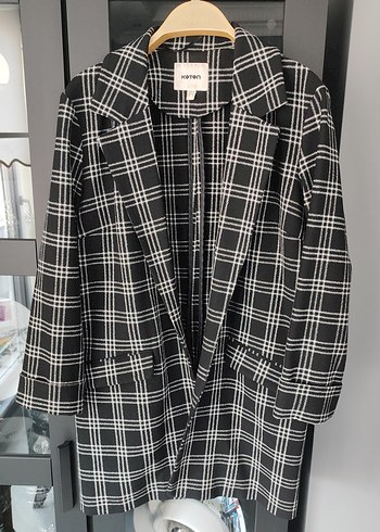 Kadın siyah beyaz Ekose Midi Blazer Ceket - Görsel 2
