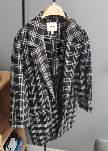 Kadın siyah beyaz Ekose Midi Blazer Ceket - Görsel 3