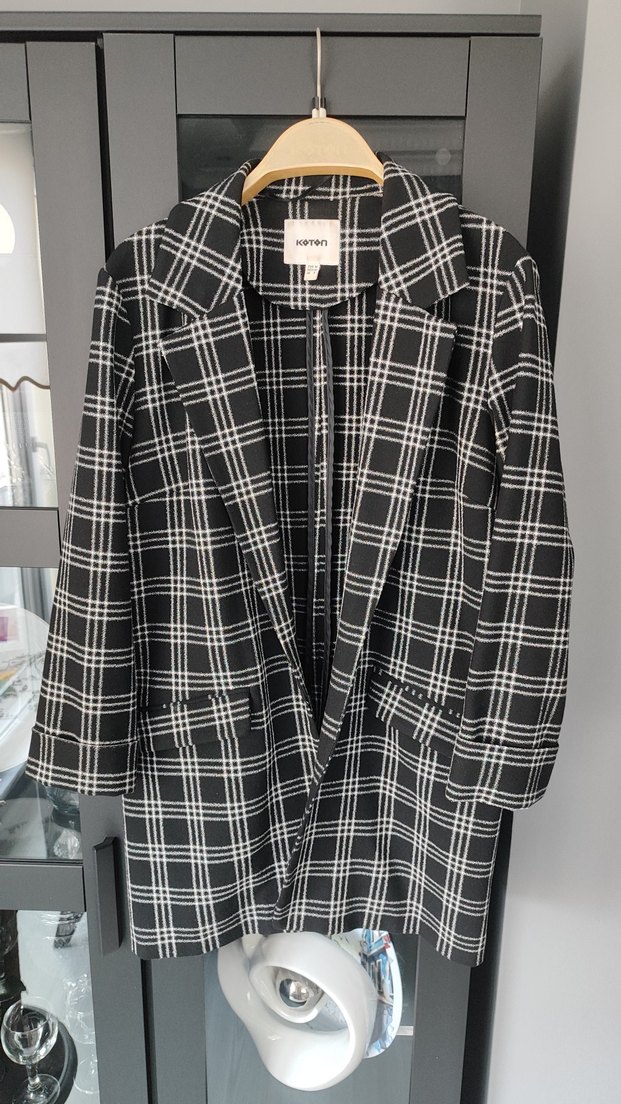 Kadın siyah beyaz Ekose Midi Blazer Ceket - Görsel 2