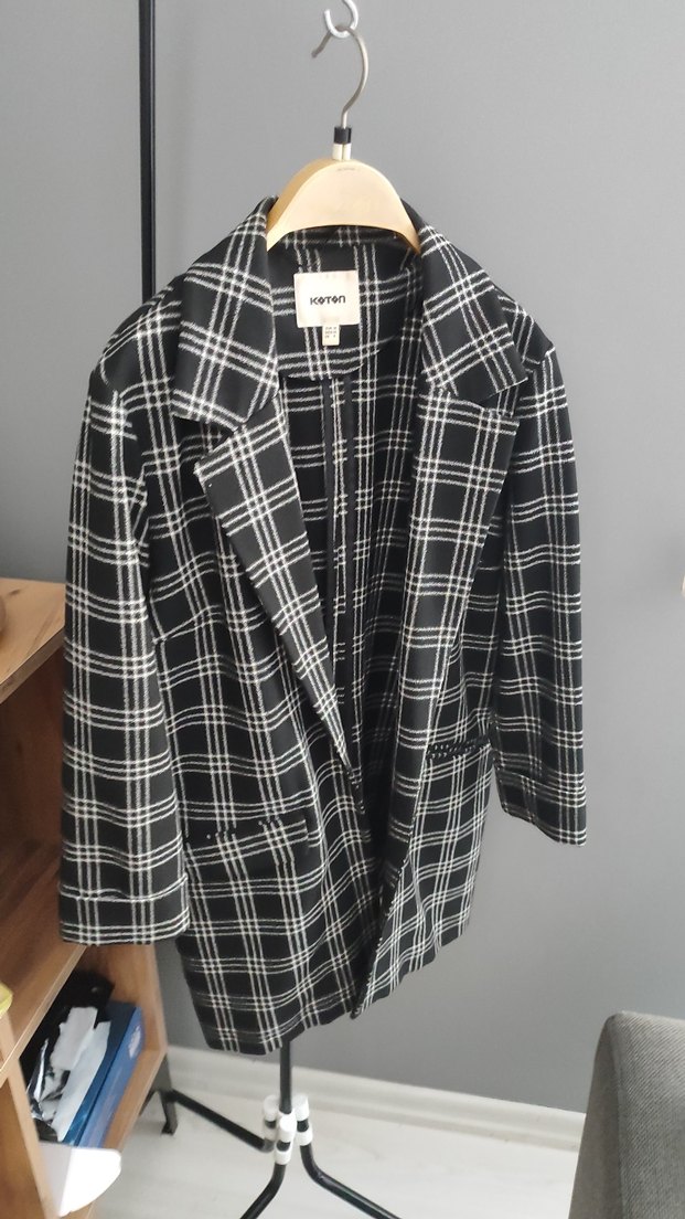 Kadın siyah beyaz Ekose Midi Blazer Ceket - Görsel 3