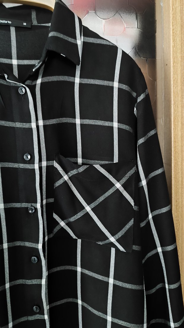 Siyah Kareli Pamuklu Kadın Gömlek - Görsel 5