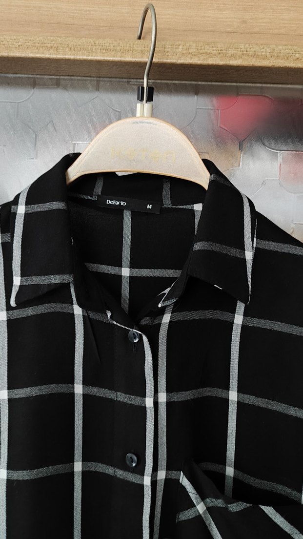 Siyah Kareli Pamuklu Kadın Gömlek - Görsel 3