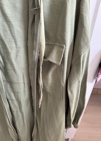 Fermuarlı yazlık haki keten ceket - Görsel 3
