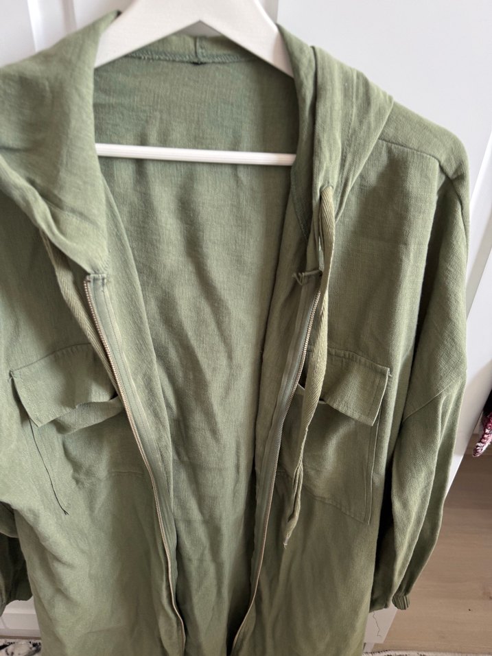 Fermuarlı yazlık haki keten ceket - Görsel 2