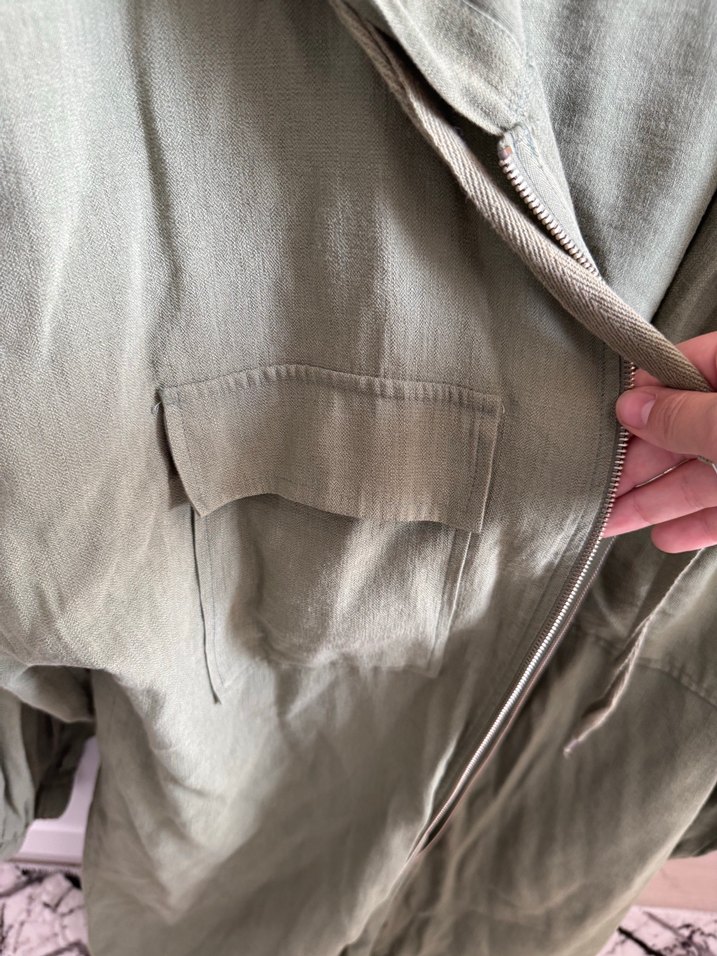 Fermuarlı yazlık haki keten ceket - Görsel 4