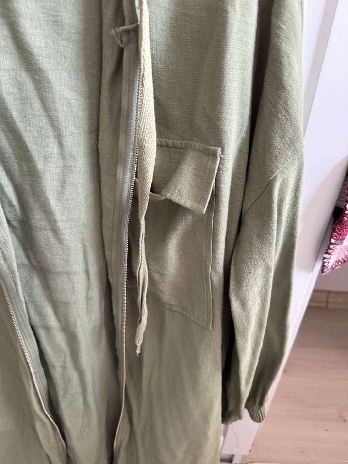Fermuarlı yazlık haki keten ceket - Görsel 3
