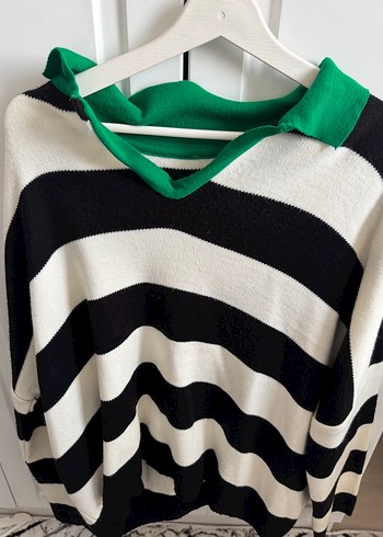 Yeşil Yakalı Çizgili Örgü Kadın Kazak 46 beden - Görsel 2