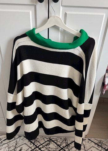 Yeşil Yakalı Çizgili Örgü Kadın Kazak 46 beden - Görsel 3