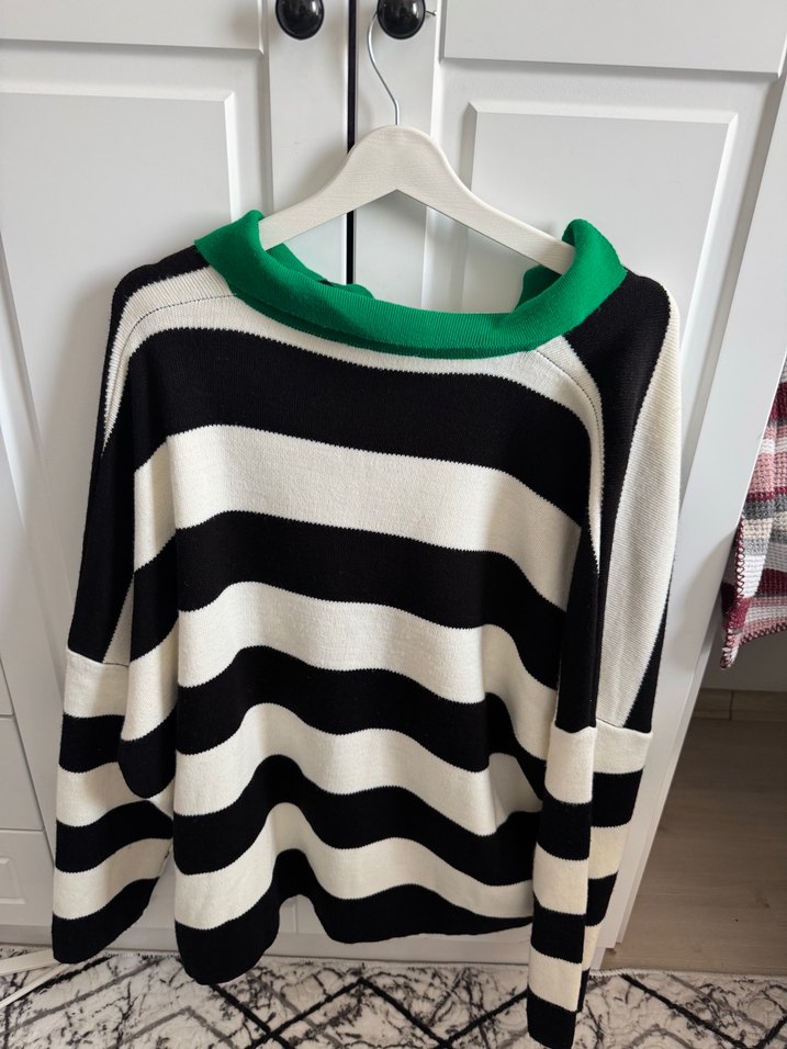 Yeşil Yakalı Çizgili Örgü Kadın Kazak 46 beden - Görsel 4