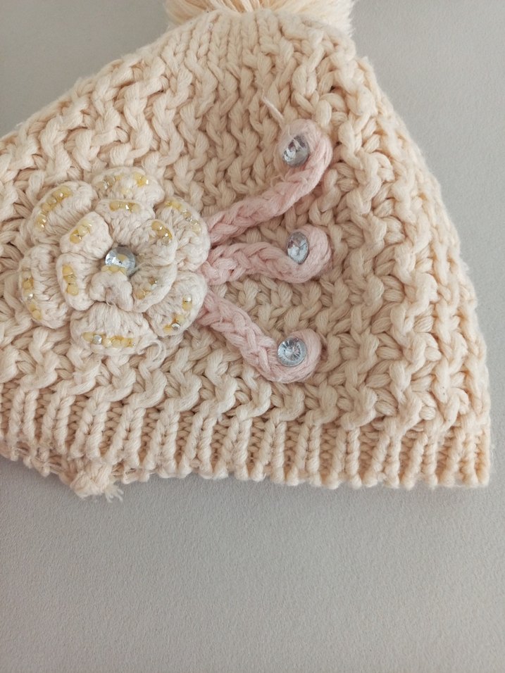 Bej Nakışlı Örgü Çocuk Bere - Görsel 5