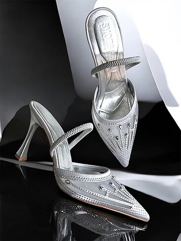Diğer İnce Yüksek Topuklu Taşlı Stiletto Gümüş