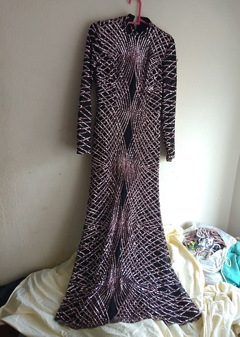 Mor Desenli Uzun Kollu Drapeli Abiye Elbise - Görsel 2