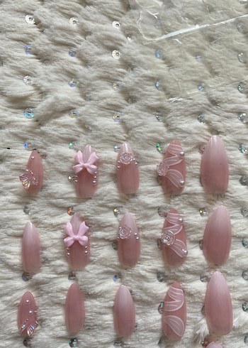 Pembe Pastel Tırnak Süslemeleri 3D Fiyonk Detaylı - Görsel 4