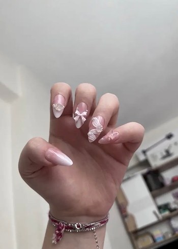 Pembe Pastel Tırnak Süslemeleri 3D Fiyonk Detaylı - Görsel 5