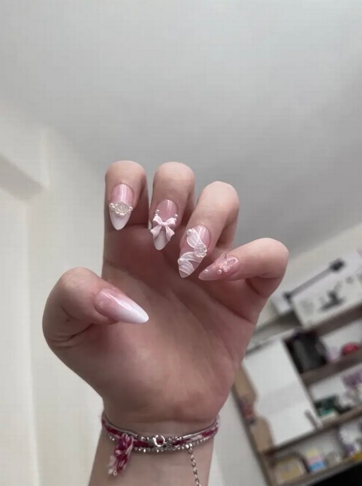 Pembe Pastel Tırnak Süslemeleri 3D Fiyonk Detaylı - Görsel 5