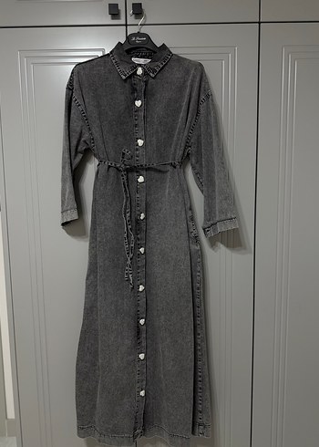 Gri Uzun Denim Elbise Düğmeli