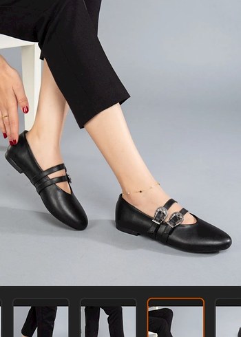 Koyu Siyah Deri Tokalı Goth Babet - Görsel 5