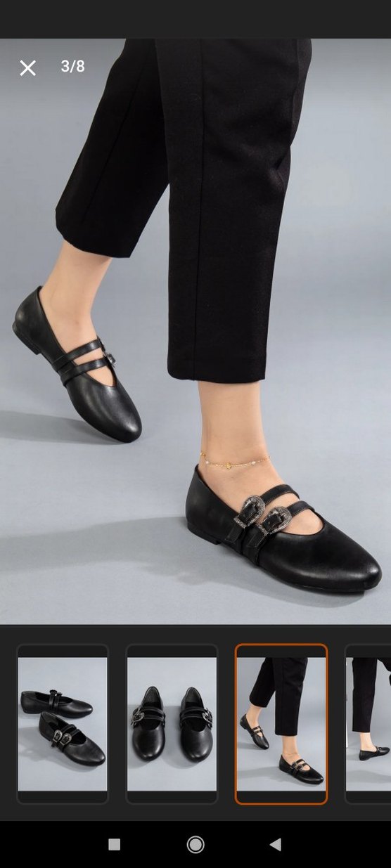 Koyu Siyah Deri Tokalı Goth Babet - Görsel 3