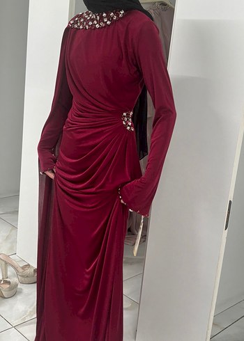 Bordo Drapeli Uzun Abiye Elbise - Görsel 4