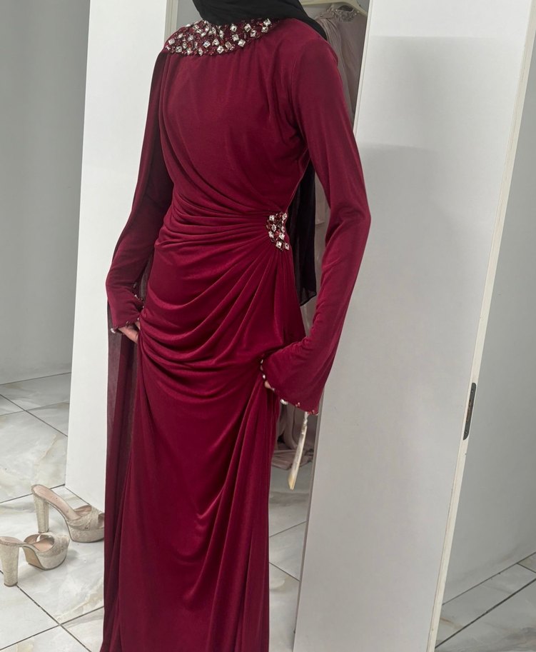 Bordo Drapeli Uzun Abiye Elbise - Görsel 4