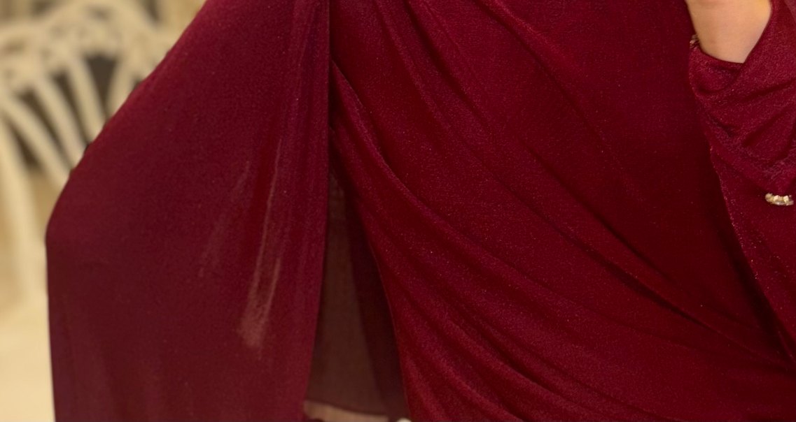 Bordo Drapeli Uzun Abiye Elbise - Görsel 3