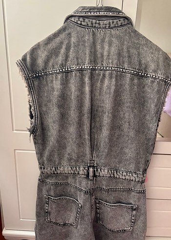 Düğmeli Gri Denim Kolsuz Tulum - Görsel 3