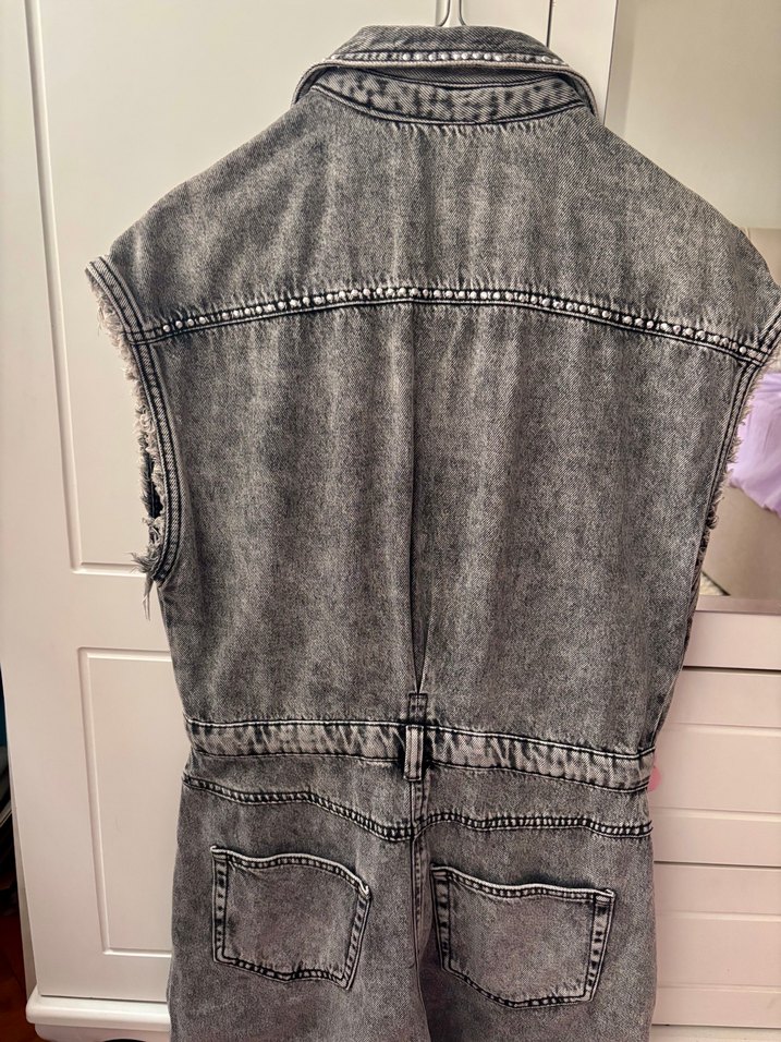 Düğmeli Gri Denim Kolsuz Tulum - Görsel 3