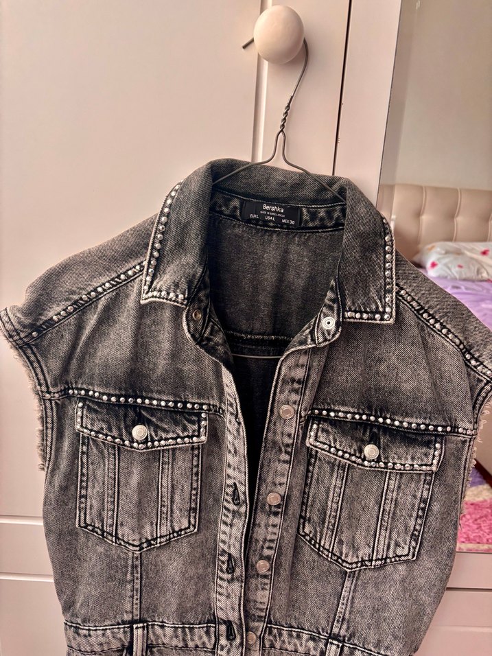 Düğmeli Gri Denim Kolsuz Tulum - Görsel 2