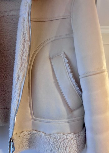 Beyaz Süet Kadın Ceket, Kürk Detaylı, Midi Boy - Görsel 2