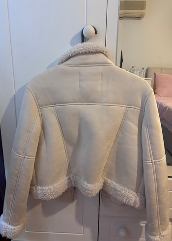 Beyaz Süet Kadın Ceket, Kürk Detaylı, Midi Boy - Görsel 3