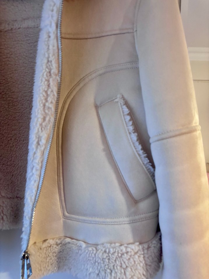 Beyaz Süet Kadın Ceket, Kürk Detaylı, Midi Boy - Görsel 2