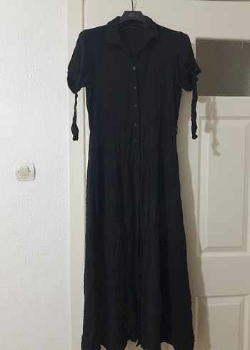 Düğmeli Siyah Uzun  Elbise - Görsel 2